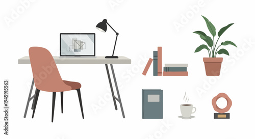 Flat design of a workspace with laptop, chair, lamp, books, plant, coffee, and award