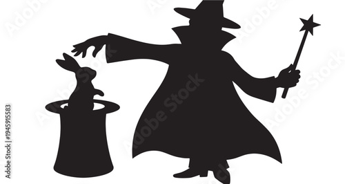 Magician Silhouette vector graphic illustration depicting a classic magician pulling a rabbit out of a top hat while holding a star tipped wand in dramatic performance style