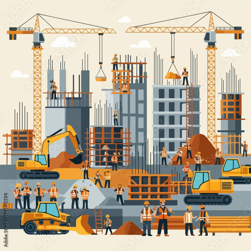 Construction site with cranes, excavators, workers. Construction site shows building frames, scaffolding, concrete work, illustrating progress. Construction site concept for industry reports,