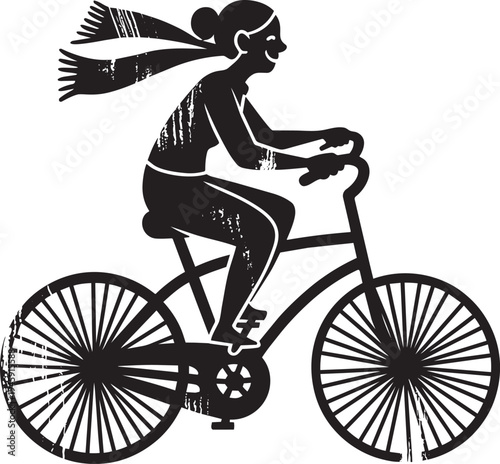 Woman riding bicycle with scarf flying in wind showing active transportation and urban freedom