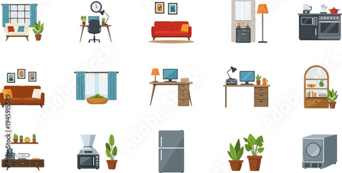 Flat design pixel art icons of home interior elements
