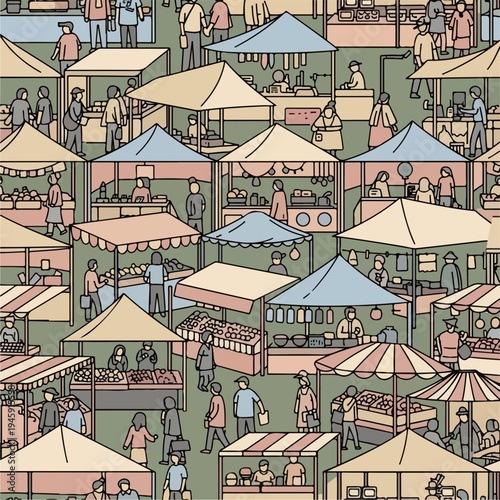 Crowded street market full of people interacting with vendors at diverse stalls, offering many products under colorful awnings.