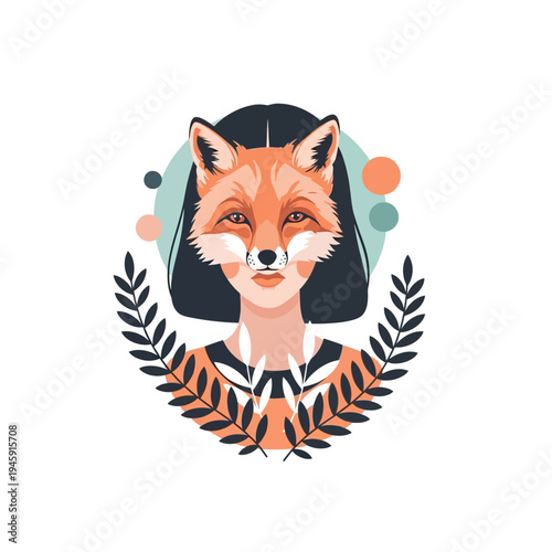 Woman with Fox Head and Floral Wreath, Surreal Portrait, Nature Elements