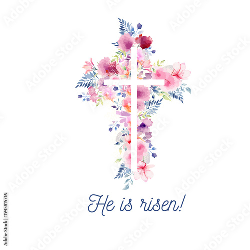 Religious cross with watercolor flowers flowers . Hand drawn. Not AI, vector illustration. He is risen Hand drawn. Not AI, vector illustration