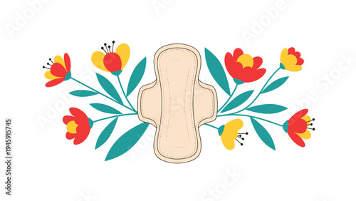 Sanitary napkin placed among colorful red and yellow flowers represents menstruation, women health, and natural hygiene care.