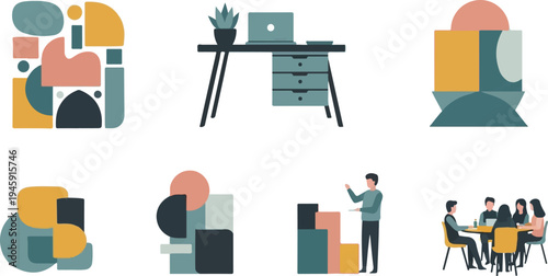 Flat graphic illustrations depict abstract shapes, desk with plant, and people in meetings