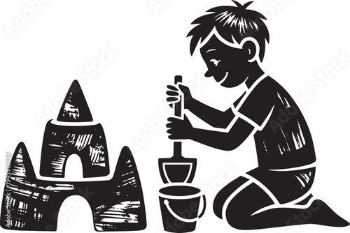 Young boy building sandcastle at beach using shovel and bucket representing summer fun at sea