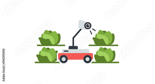 Red robotic farming vehicle with sprayer.