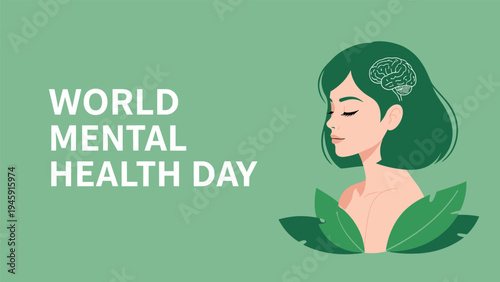 Illustration of a woman with green hair and a brain symbol represents World Mental Health Day celebration on a solid green background.