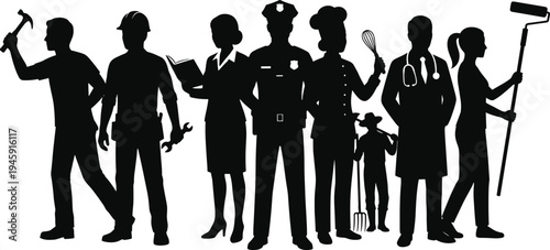 Professional occupation silhouettes featuring construction worker, police officer, doctor, chef, teacher and painter, diverse career people icons isolated