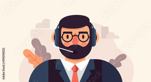 Flat illustration of a bearded man in a headset and suit, with plants