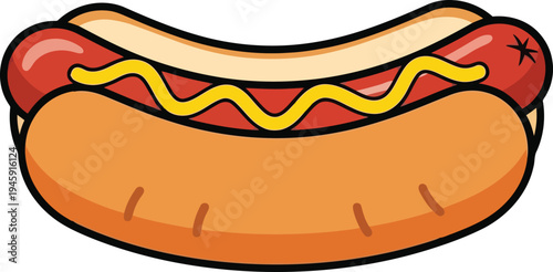 Red hot dog with yellow mustard in a bun Black outline coloring book