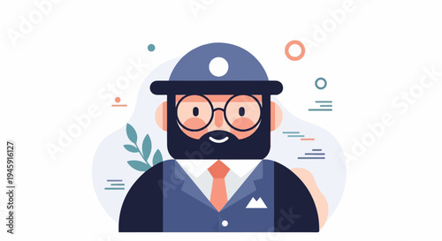 Flat illustration of a bearded man in a suit and hat (1)