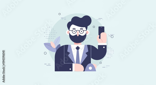Flat illustration of a bearded man in a suit holding a smartphone