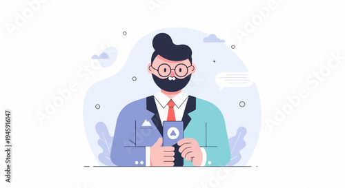 Flat illustration of a bearded man in a suit holding a phone with chat bubble