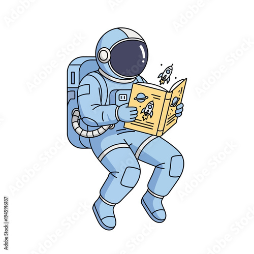 Astronaut reading a book about space exploration and rockets