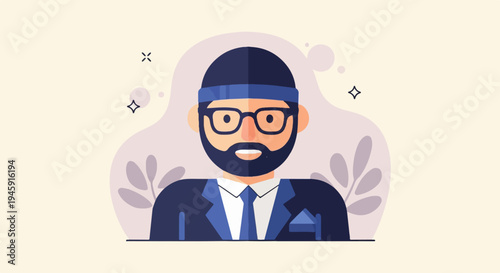 Flat illustration of a bearded man in a suit with glasses and headwear