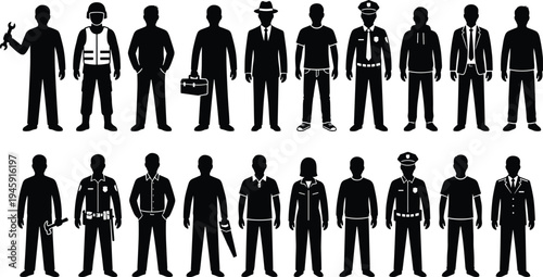 Professional people silhouette set featuring construction worker, police officer, technician, businessman and casual worker occupations, diverse career icons isolated