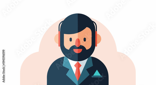 Flat illustration of a bearded man in a suit with headphones