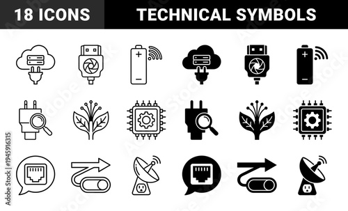 Hybrid technical and organic symbols merging cloud servers with power plugs magnifying glass connectors botanical leaves and network hardware