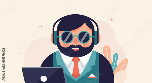 Flat illustration of a bearded person wearing headphones and glasses at a laptop