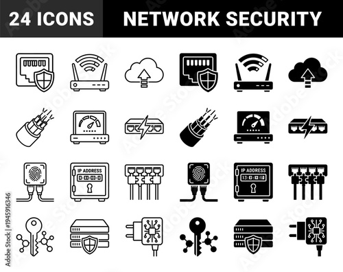 Hybrid Cybersecurity and Network Hardware Icons Featuring Encrypted Ethernet Ports Biometric Fingerprint Routers and Secure Cloud Data Storage