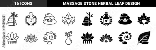Zen Wellness Concept Icons Merging Volcanic Stones with Bamboo Stems Herbal Tea Leaves and Lotus Petals in Dual Outline and Solid Styles