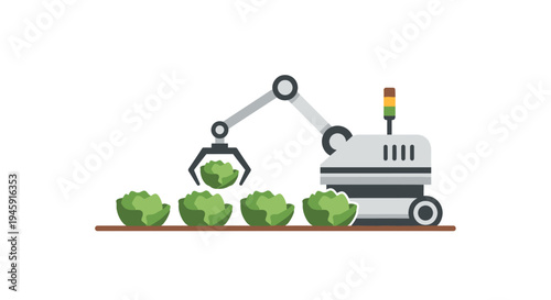 Robot arm picking green lettuce leaves.