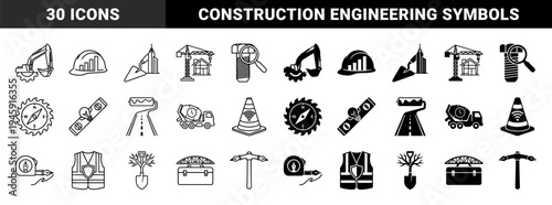 Hybrid construction and engineering icon set featuring excavator gear integration hard hat data charts and building trowel architect concepts