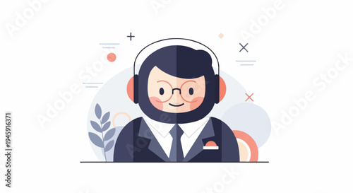 Flat illustration of a businessman with headphones and glasses, professional attire