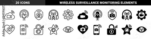 Multimedia Broadcasting and Digital Surveillance Hybrid Symbols Featuring Integrated Wireless Signal Camera Microphone and Communication Tower Elements