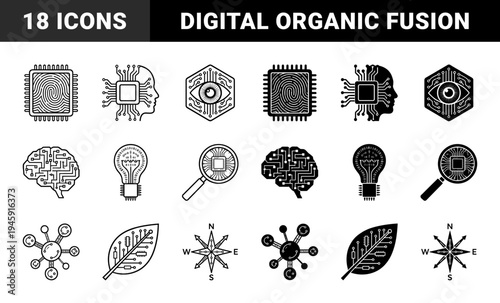 Hybrid cybernetic technology icons merging organic biological elements with digital circuitry including brain microchip leaf and compass designs
