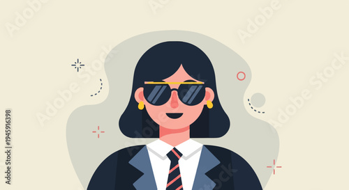 Flat illustration of a businesswoman in sunglasses and suit, with abstract elements