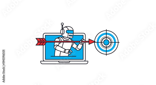 Robot Hand Holding Dart on Laptop Screen.