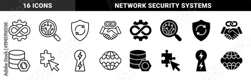 Hybrid connectivity and data security symbol set featuring integrated infinity gears circuit magnifying glass and encrypted database locks in dual styles