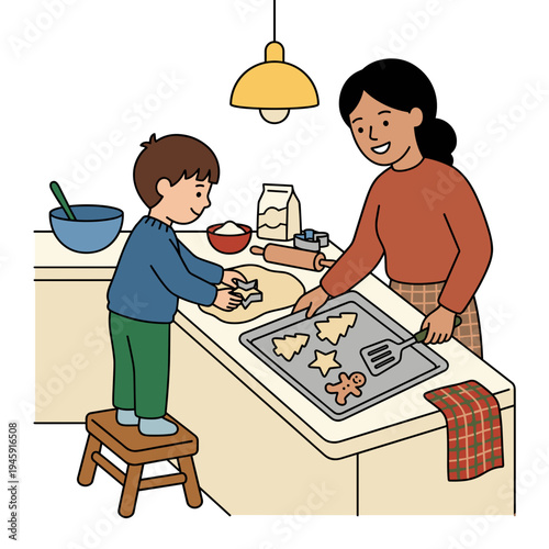 Mother and son baking christmas cookies together in cozy kitchen cutting dough into festive shapes concept of family bonding holiday tradition and homemade food