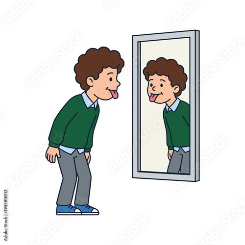 Playful boy making funny face and sticking out tongue at his reflection in mirror minimal background concept of self awareness childhood humor and silly behavior