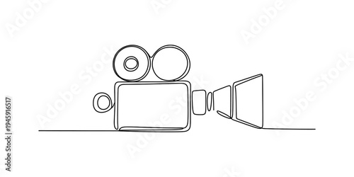A single line drawing of an old-fashioned film camera with reels on top, representing cinema and art Vector, illustration