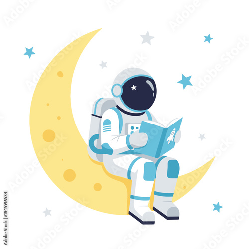 Astronaut reading book on moon, space adventure, stars background, illustration