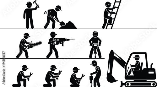 Construction worker silhouette set showing drilling, digging, ladder climbing, chainsaw cutting and excavator operation, professional builder icons isolated on white