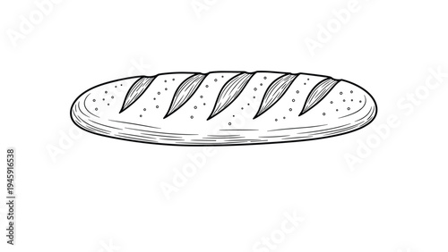 Single loaf of freshly baked baguette bread with crusty texture and seeds is illustrated in a simple black and white line art style.