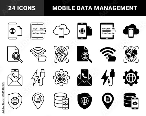 Hybrid digital data and global connectivity icons featuring mobile devices integrated with cloud storage network security and file transfer symbols