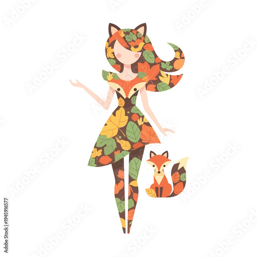 Autumn Fox Woman and Cub Illustration - Fall Leaves Pattern, Nature Spirit