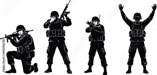 Military soldier silhouette set with armed troops in combat poses, tactical army operations, defense forces vector illustration collection