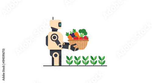 Robot holding basket of fresh vegetables.