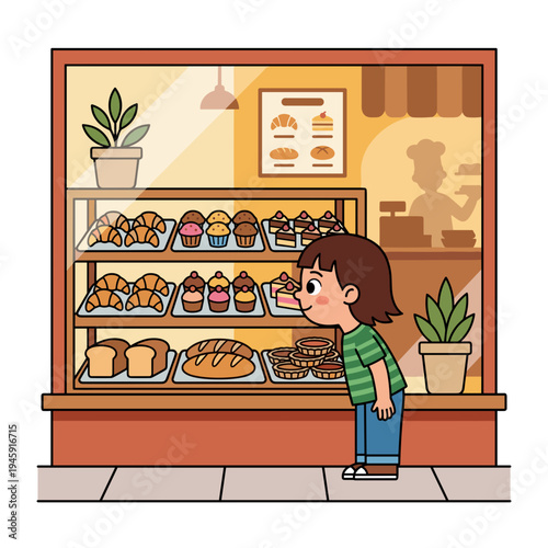 Little boy looking through bakery window display with fresh bread cakes and pastries inside cozy shop concept of childhood desire sweets and food choice