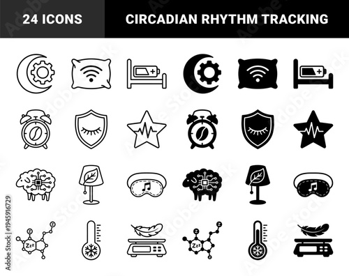 Hybrid sleep and wellness icons featuring moon gear pillows with wifi signals battery beds coffee alarm clocks and circuit board sheep