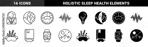 Hybrid sleep and wellness icons merging night symbols with brain waves lavender sprigs books and digital tracking for holistic rest and recovery