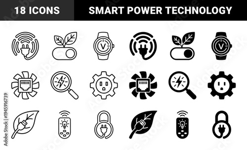 Smart Energy Management and Eco Friendly Technology Hybrid Icon Set Featuring Power Plugs Leaves Solar Panels and Digital Sockets in Outline and Solid Styles