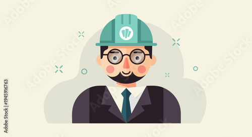 Flat illustration of a man in a hard hat and suit, ready for work